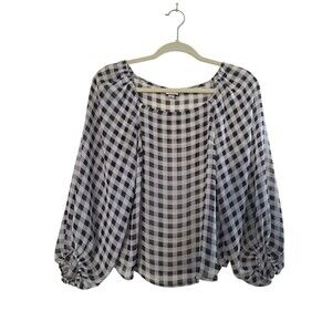 A New Day Women's Long Sleeve Gingham Popover Blouse Top Size XS Black/White